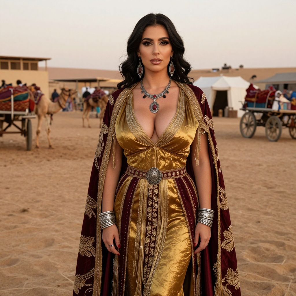 Elegant Woman in Traditional Gold and Maroon Dress in Desert