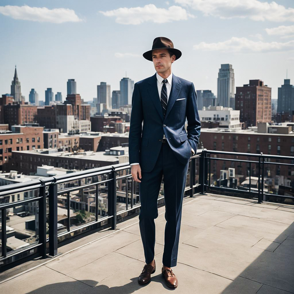 Stylish Man in Navy Suit on Rooftop with City Skyline