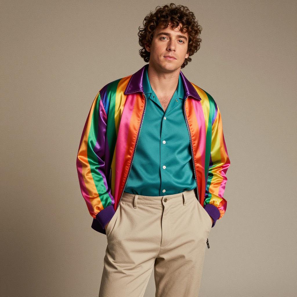 Young Man Wearing Rainbow Satin Jacket and Teal Shirt Fashion Portrait