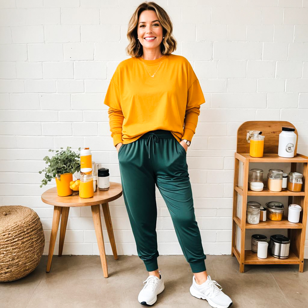 Cheerful woman in yellow sweatshirt and green joggers