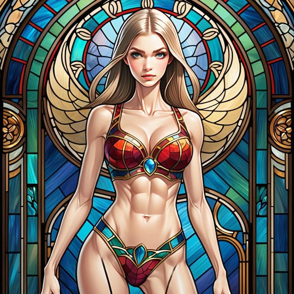 Confident Woman in Fantasy Armor by Stained Glass Window Confident Woman in Fantasy Armor by Stained Glass Window