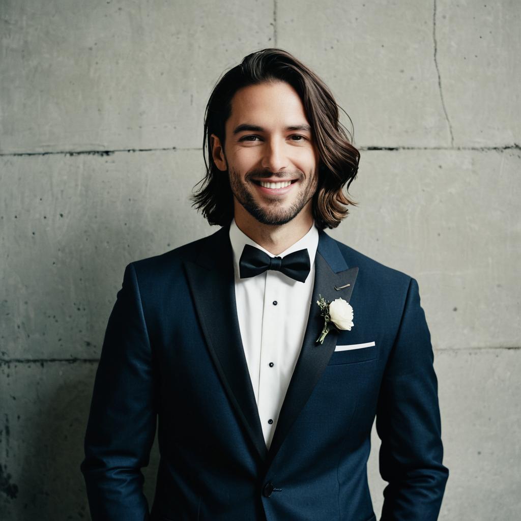 Elegant Man in Navy Tuxedo with Bow Tie and Boutonniere