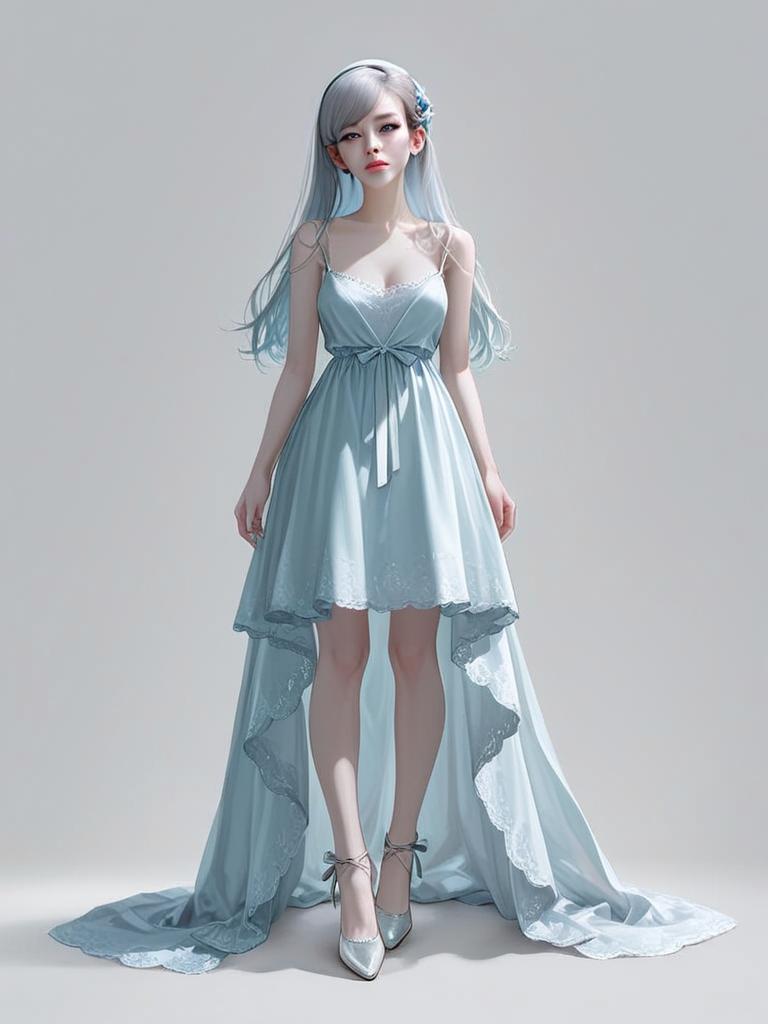 Realistic Full Body Portrait of Woman in Elegant Silk-Inspired Blue High-Low Dress