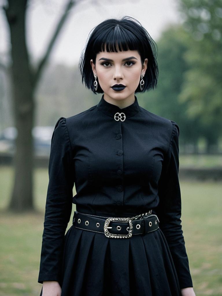 Goth Outfit with Costume Jewelry and Black Hair Woman Portrait