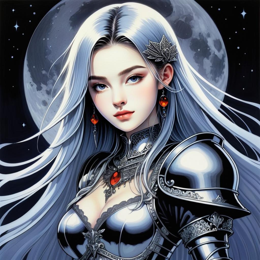 Confident Woman in Silver Armor under Full Moon