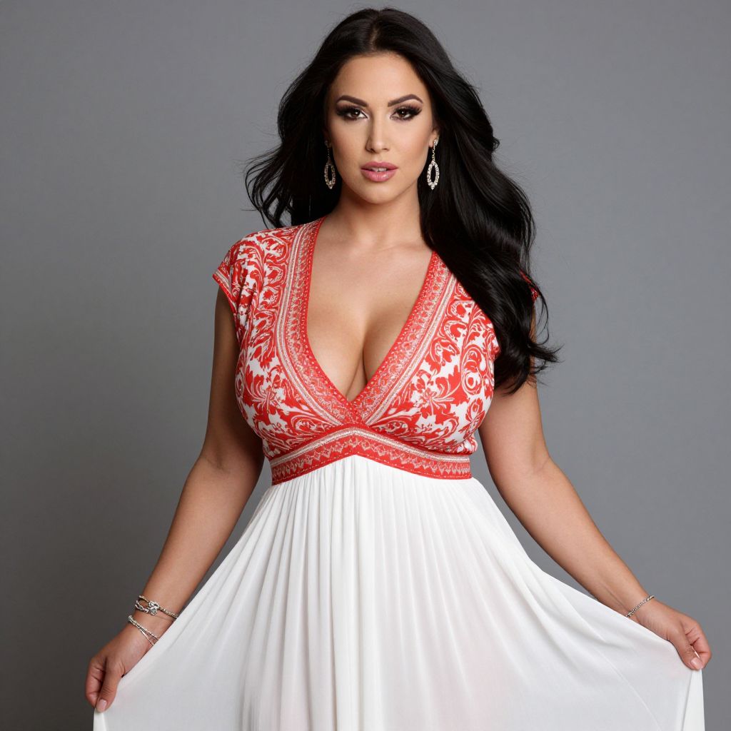 Woman in White Flowing Dress with Red Patterned Bodice Posing in Studio
