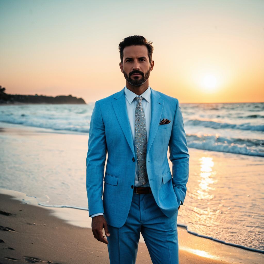 Man in Light Blue Suit Standing on Beach at Sunset