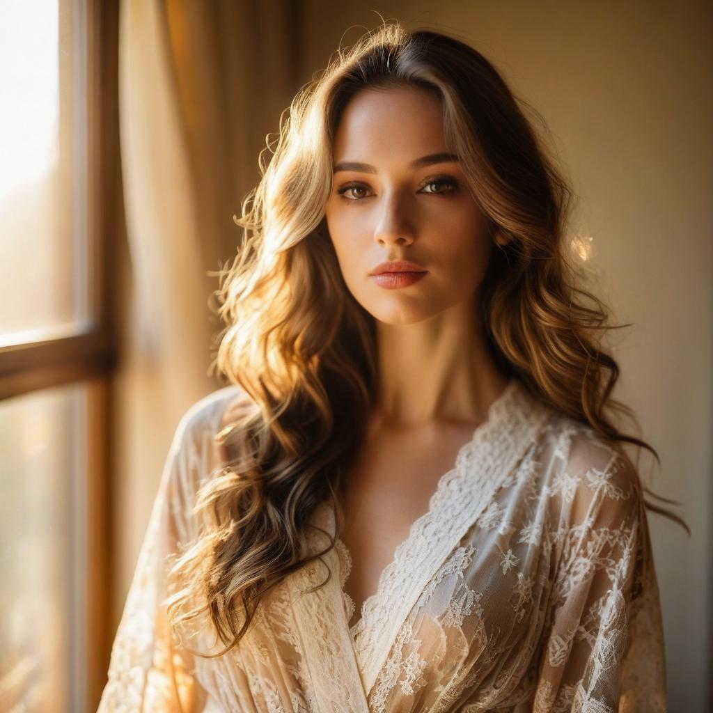 Elegant Young Woman Wearing Lace Robe by Window with Soft Natural Light