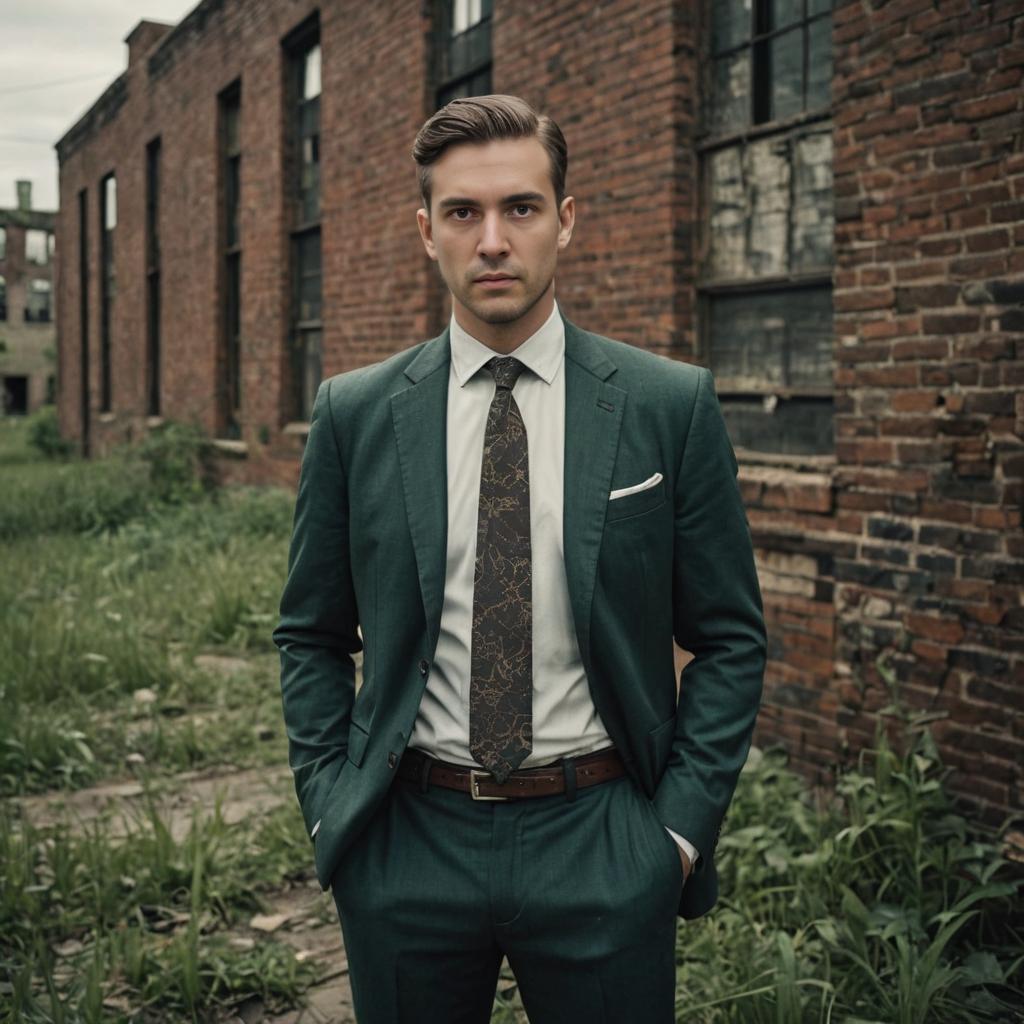 Stylish Man in Green Suit Against Rustic Backdrop