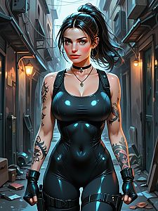 Confident Woman in Black Bodysuit in Urban Alley
