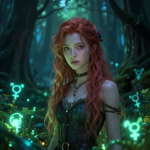 Fantasy Portrait of Woman with Red Hair in Enchanted Forest