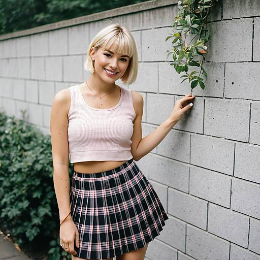 Smiling Young Woman in Pink Crop Top and Plaid Skirt Outdoors