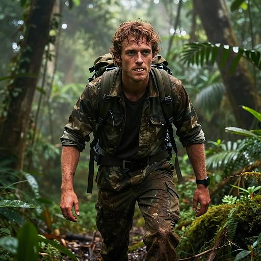 Man in Camouflage Trekking Through Dense Jungle