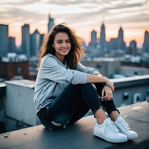 Young Woman Sitting on Rooftop at Sunset with City Skyline