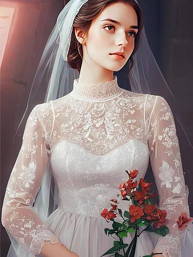 Elegant Bride in White Lace Wedding Dress Holding Red Flowers