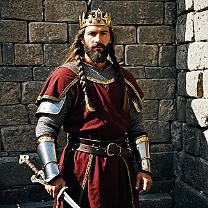 Medieval King in Armor with Crown and Sword Against Stone Wall
