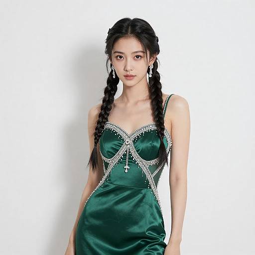 Young Woman in Elegant Green Satin Dress with Beaded Detailing