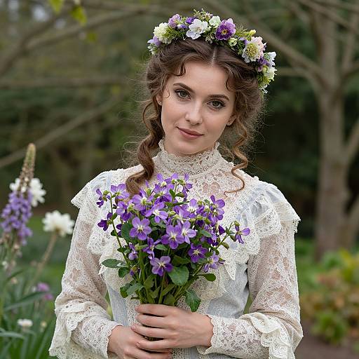 Young Woman in Vintage Lace Dress with Purple Flowers and Floral Crown