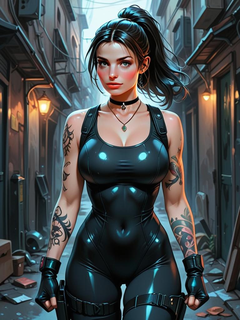 Confident Woman in Black Bodysuit in Urban Alley Confident Woman in Black Bodysuit in Urban Alley