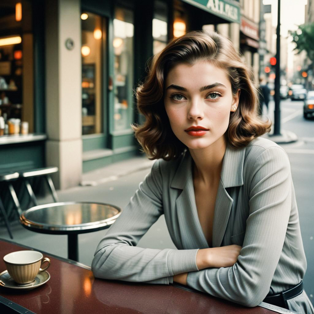 Elegant woman at café with vintage backdrop