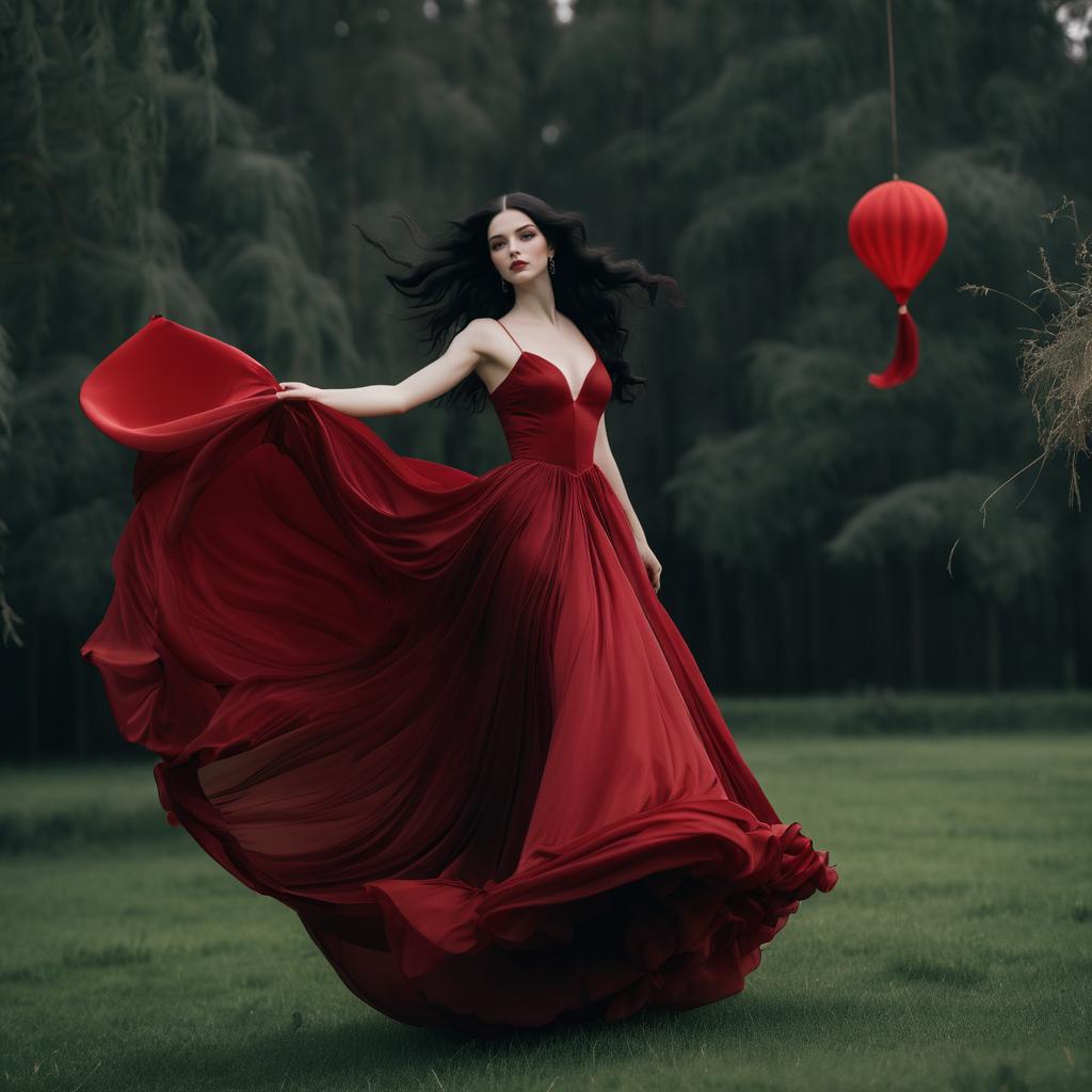 Woman in Red Gown Twirling in Green Landscape