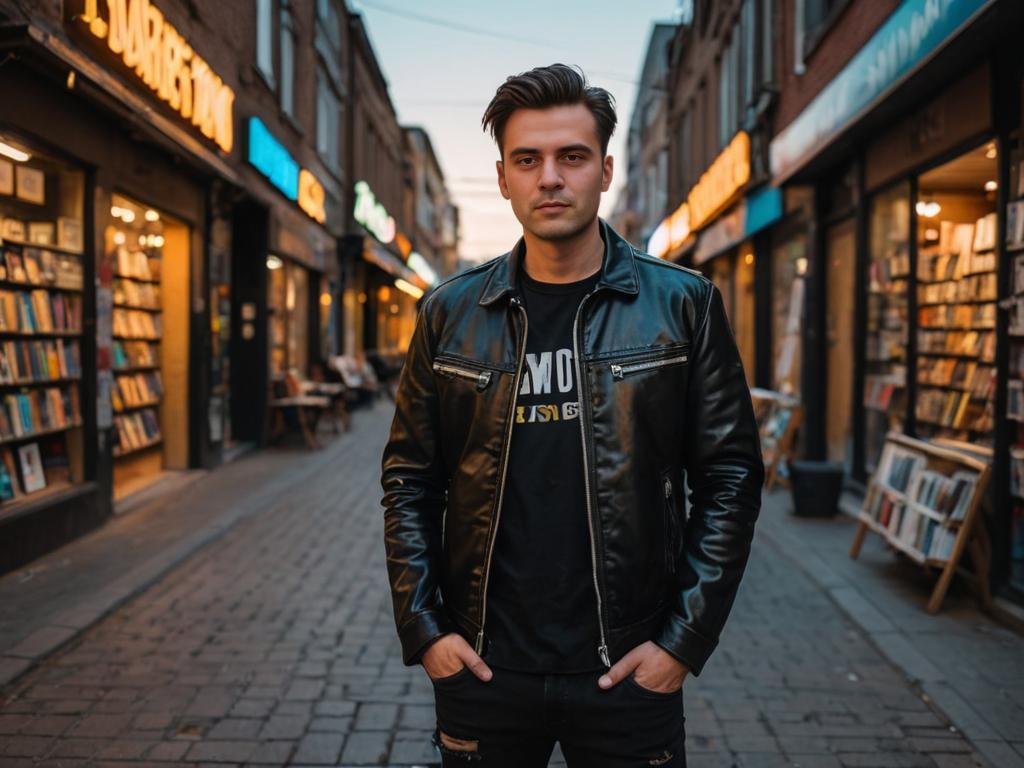 Cool Man in Leather Jacket with Moody Street Backdrop