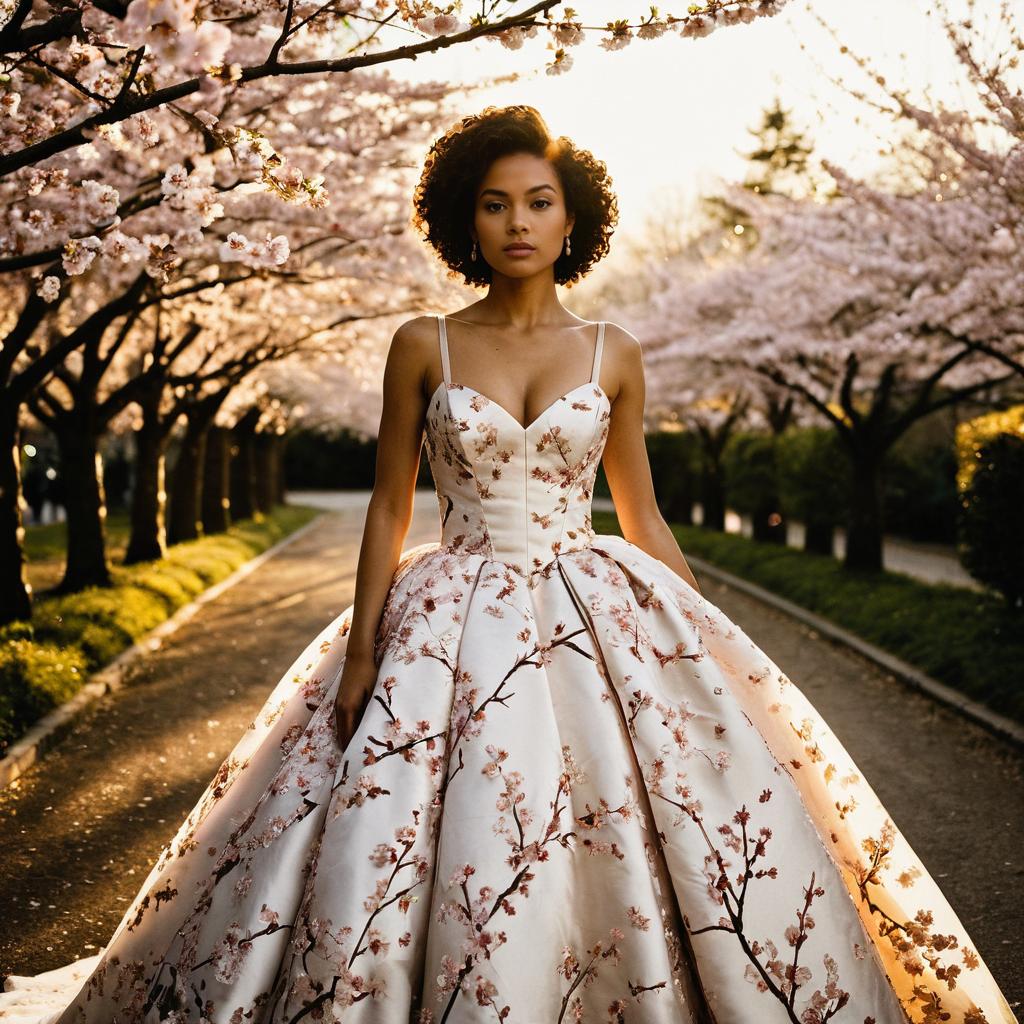 Confident Woman in Floral Ball Gown on Blossom Pathway