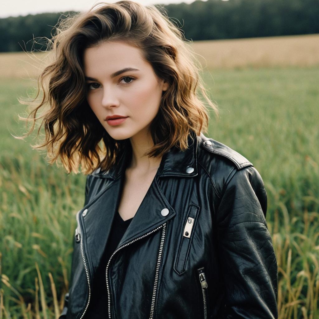 Portrait of Young Woman in Black Leather Jacket in Green Field