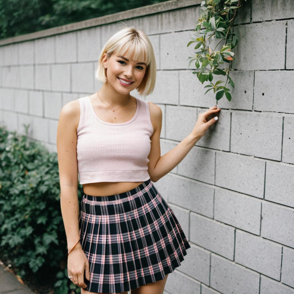 Smiling Young Woman in Pink Crop Top and Plaid Skirt Outdoors