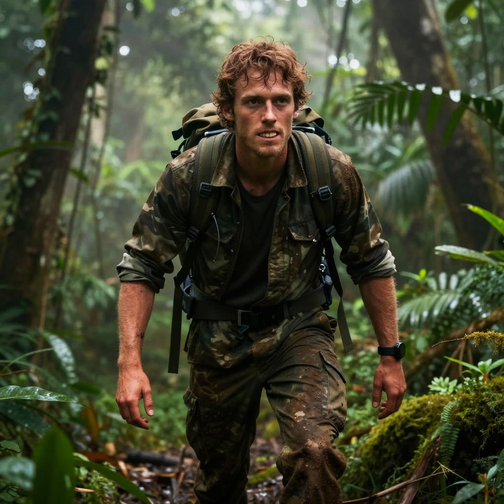Man in Camouflage Trekking Through Dense Jungle