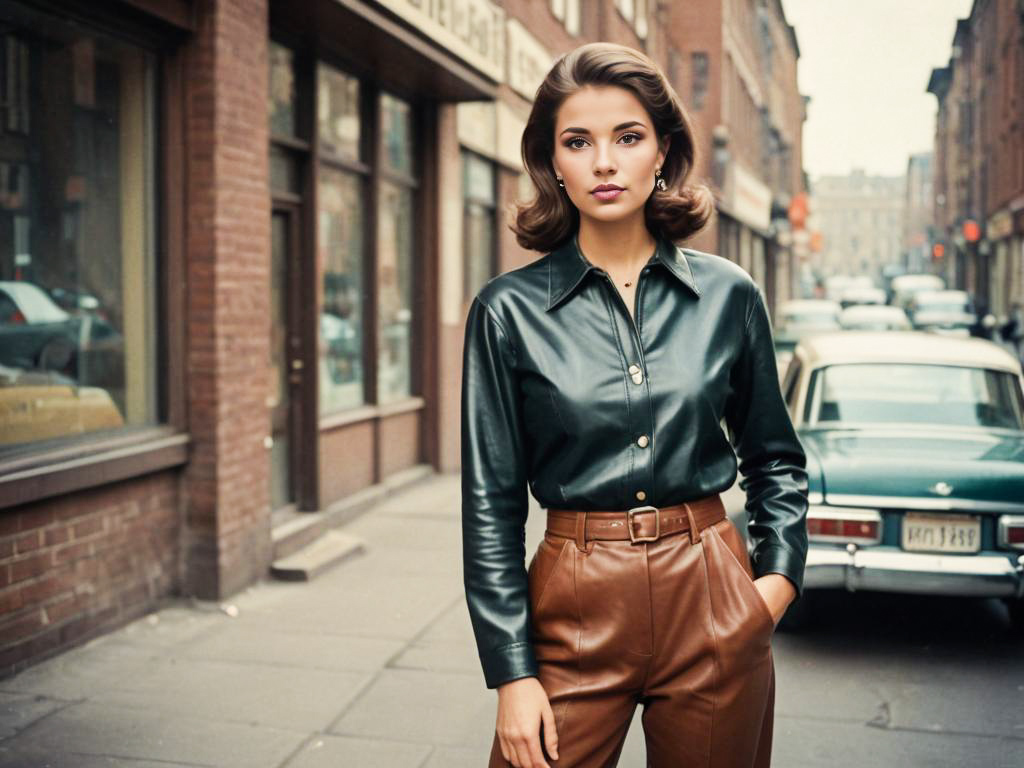 Stylish Woman in Leather Outfit Against Urban Backdrop