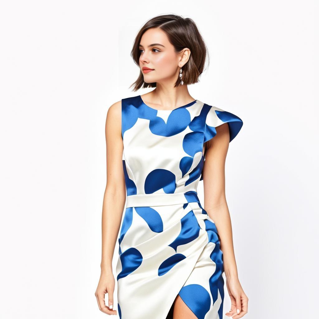 Confident Woman in Stylish White Dress with Blue Patterns Confident Woman in Stylish White Dress with Blue Patterns