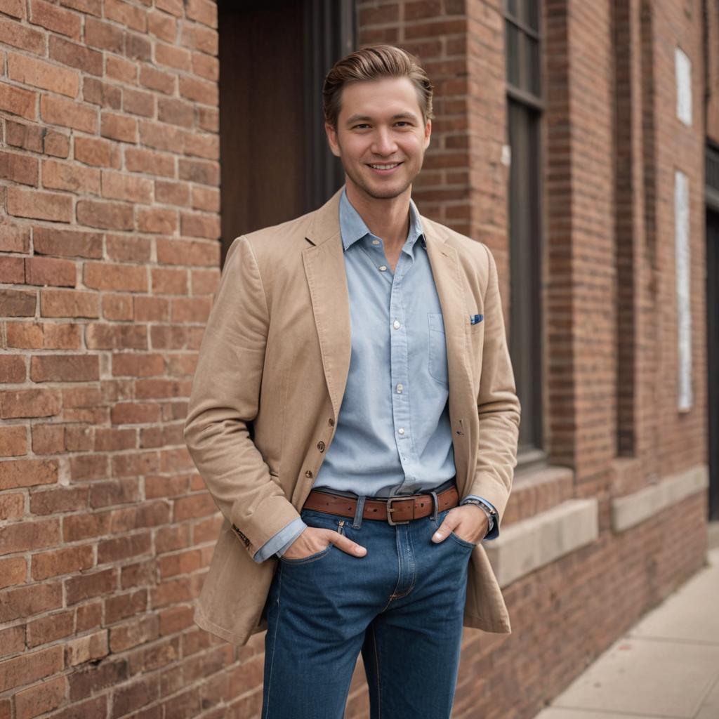 Stylish man in beige blazer against brick wall