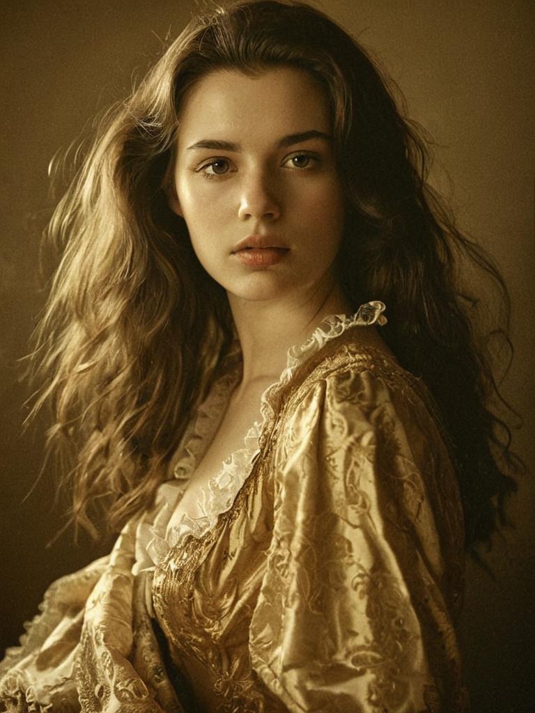 Vintage Style Portrait of Woman in Golden Embroidered Gown
