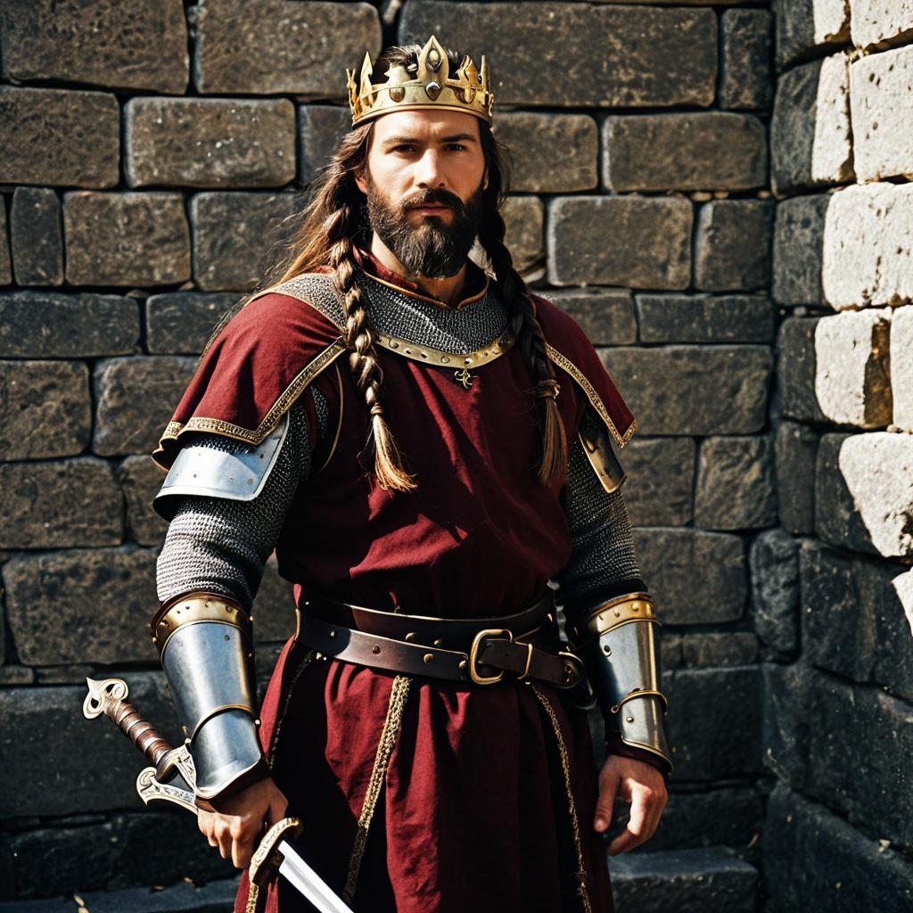 Medieval King in Armor with Crown and Sword Against Stone Wall