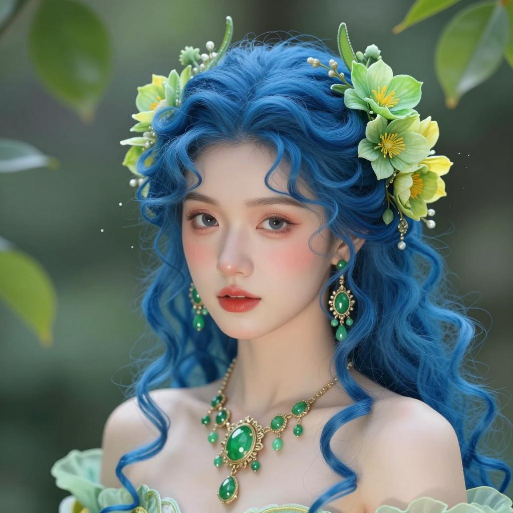 Young Woman with Blue Hair and Green Floral Jewelry Portrait