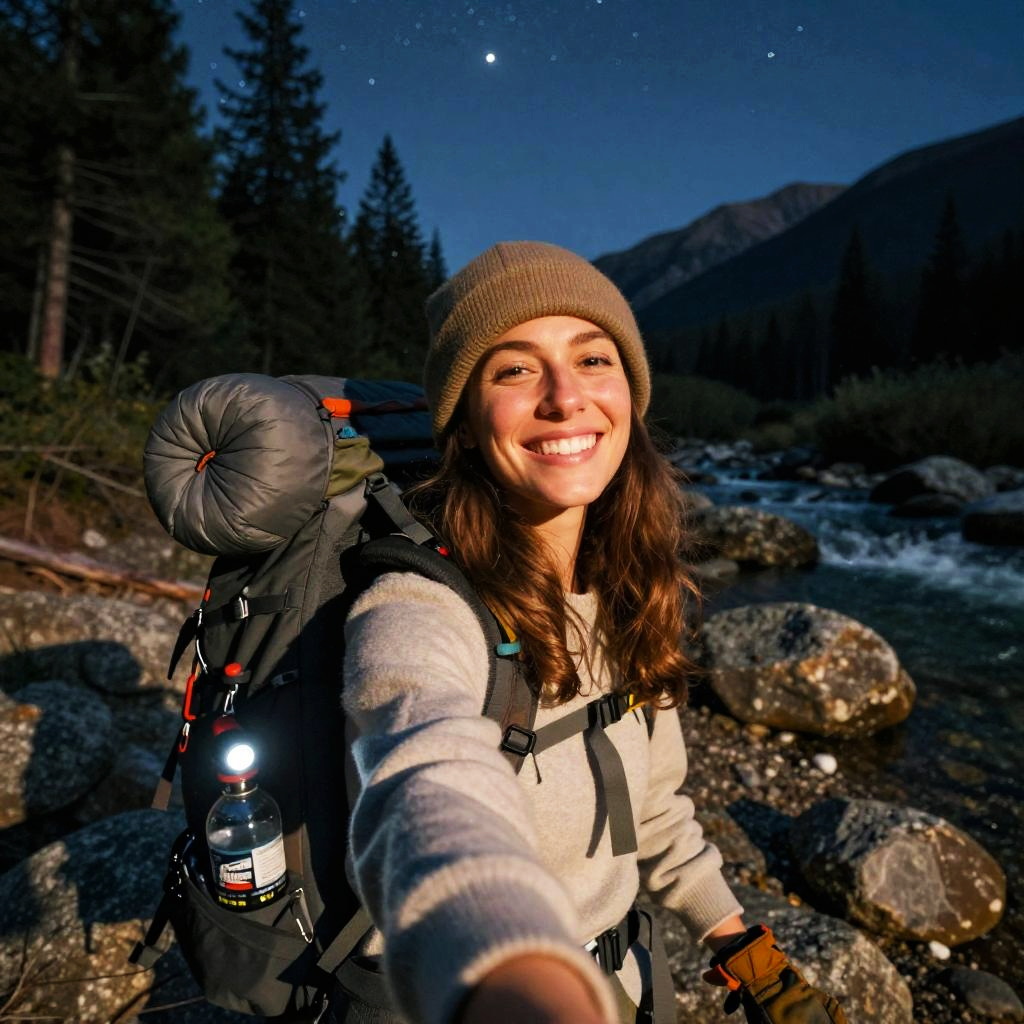 Young Woman Hiking Outdoors at Night by Mountain River