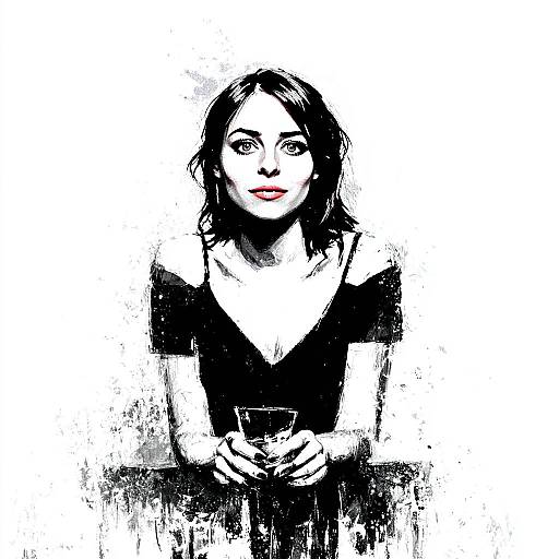 Black and White Digital Portrait of Woman Holding Glass in Artistic Sketch Style