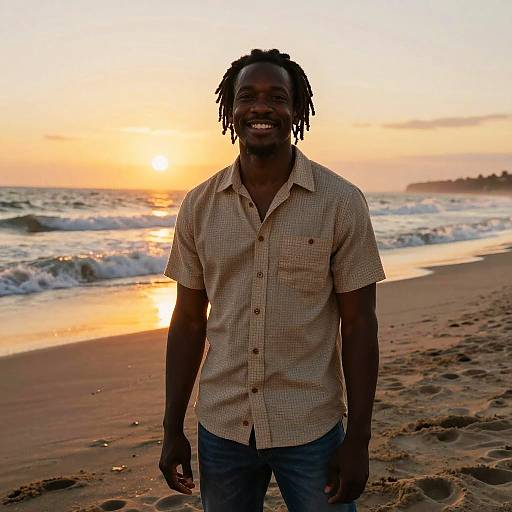 Man Enjoying Beach Sunset with Casual Outfit