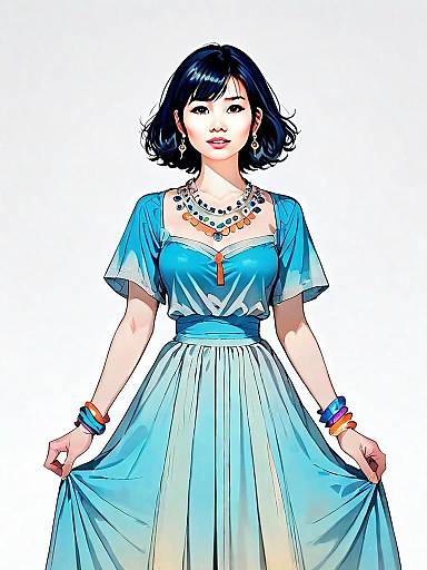 Realistic Comic Style Illustration of Woman in Blue Dress with Jewelry Full Body Shot