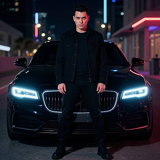 Man Standing in Front of Luxury Car with Neon City Lights at Night