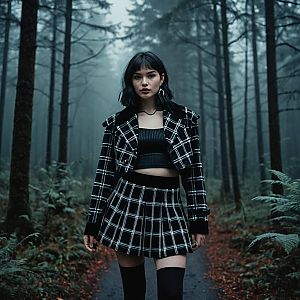 Young Woman in Black and White Checkered Outfit in Misty Forest