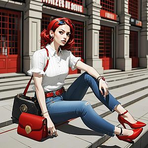Stylish Young Woman with Red Hair on Outdoor Steps