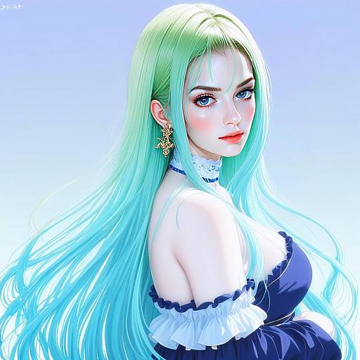 Anime Woman with Long Turquoise Hair in Elegant Navy Blue Dress