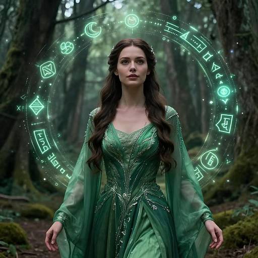 Woman in Fantasy Green Gown with Magical Circle in Forest