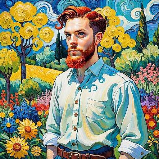 Red-Bearded Man in Van Gogh Style Floral Landscape Digital Painting