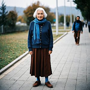 Elderly Woman in Vintage Outfit on Autumn Pathway