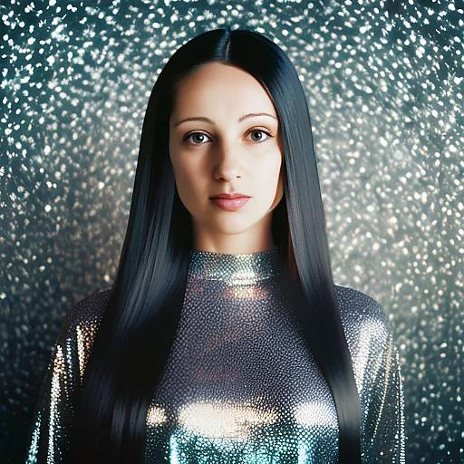 Futuristic Woman in Metallic Silver Outfit with Sparkling Bokeh Background