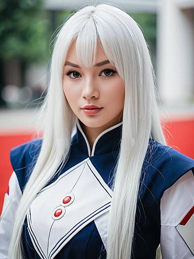 Woman in Detailed Blue and White Cosplay Costume with Long White Hair