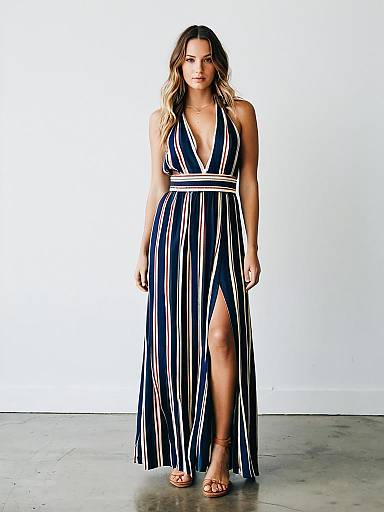Elegant Navy Blue Striped Maxi Dress with Deep V-Neck and Slit